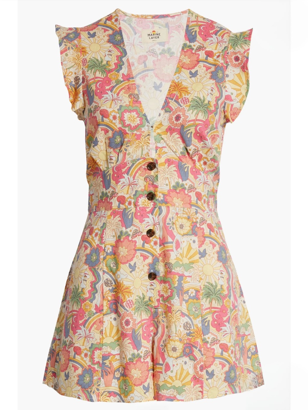 MARINE LAYER Camila Floral Print Ruffle Button Front V Neck Romper Size Small